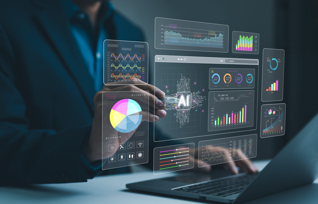 Businessman analysis enterprise data management by AI artificial intelligence technology. Business analytics dashboard charts, metrics, KPI to improve, insight report for operation. Analyst marketing,