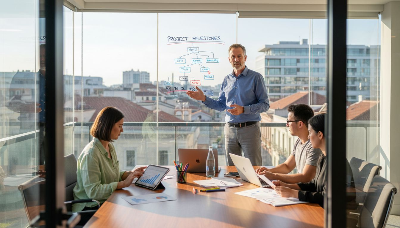 Project manager leads planning in glass-walled office