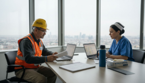 Construction and healthcare professionals collaborating with laptops