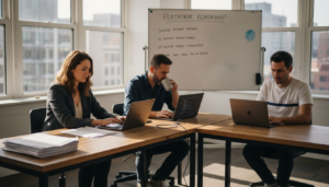 Digital team collaborating in sunlit office