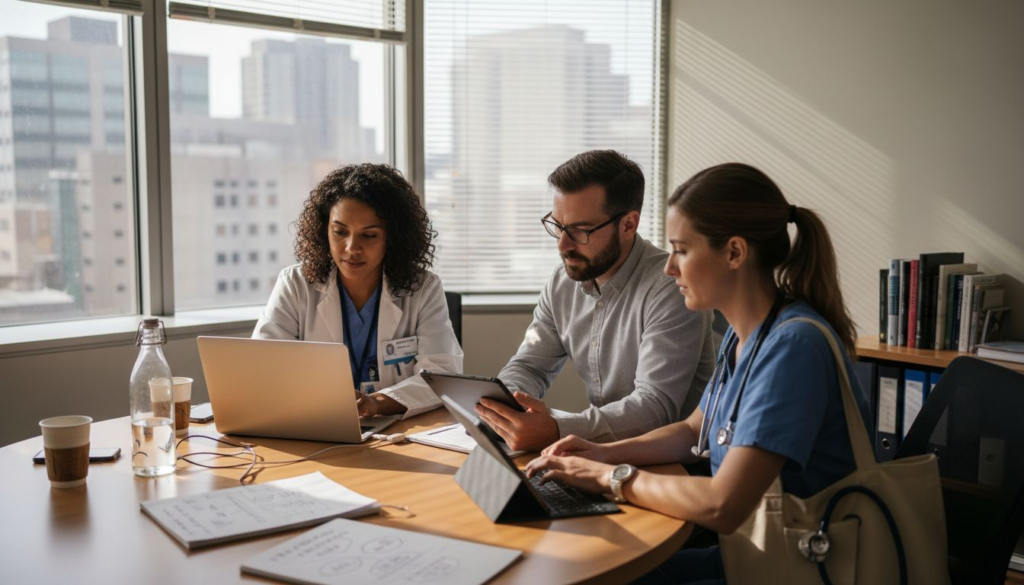 Healthcare professionals reviewing digital medical files
