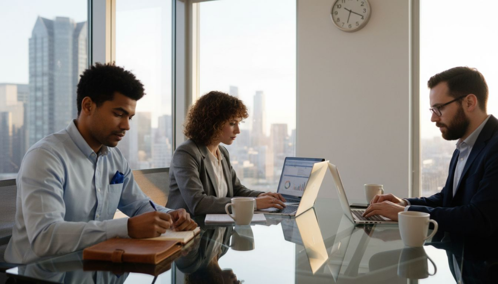 Executive team reviewing ERP dashboard data