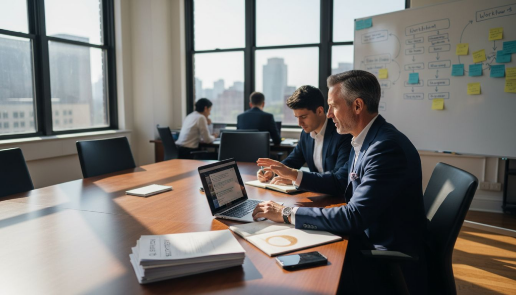 Executive reviews workflow in conference office