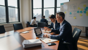 Executive reviews workflow in conference office