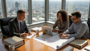 Team reviewing workflow charts in boardroom
