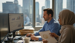 Team using cloud ERP dashboard in real office
