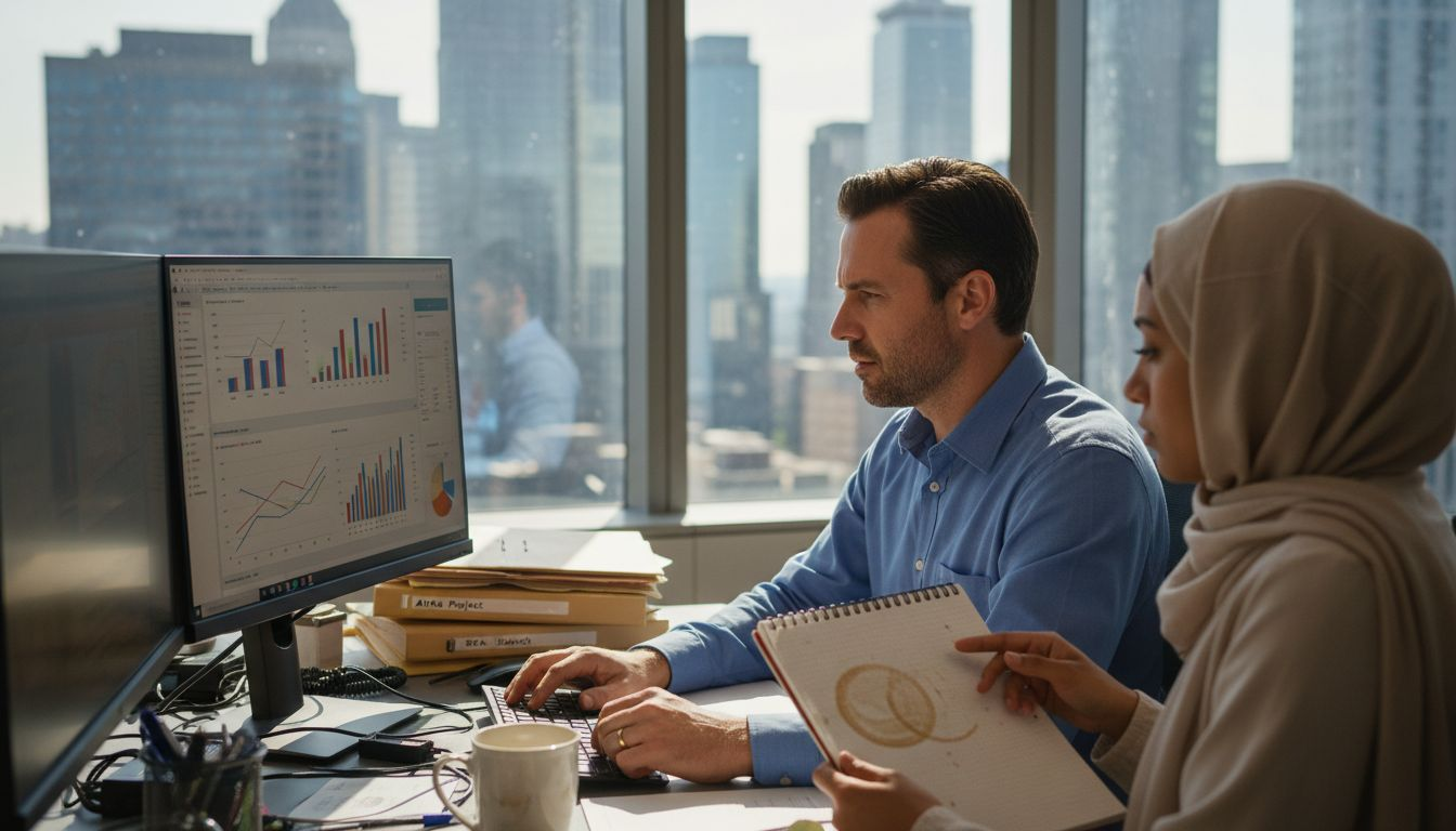 Team using cloud ERP dashboard in real office