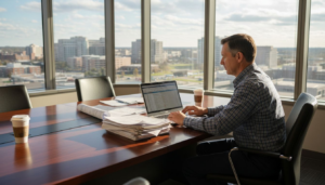 CTO reviewing healthcare resource data in office