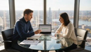 Coworkers collaborating at office table with laptop
