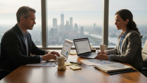 CIO and CTO reviewing CRM documents in office