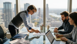 Team reviews procurement data in glass office