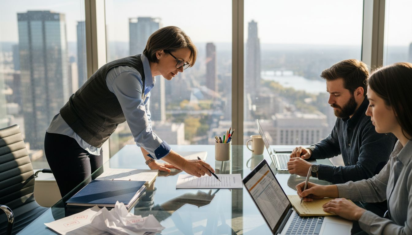 Team reviews procurement data in glass office