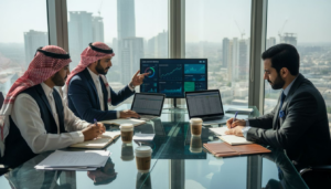 Executives review digital dashboards in corner office