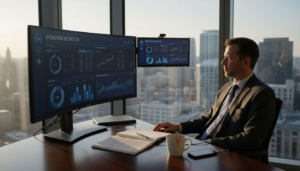 Executive reviewing dashboard in glass corner office