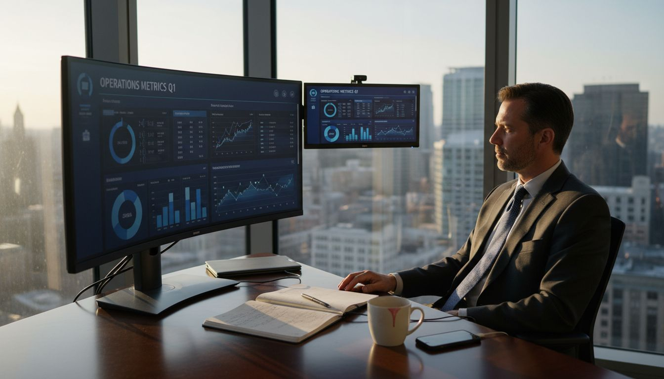 Executive reviewing dashboard in glass corner office