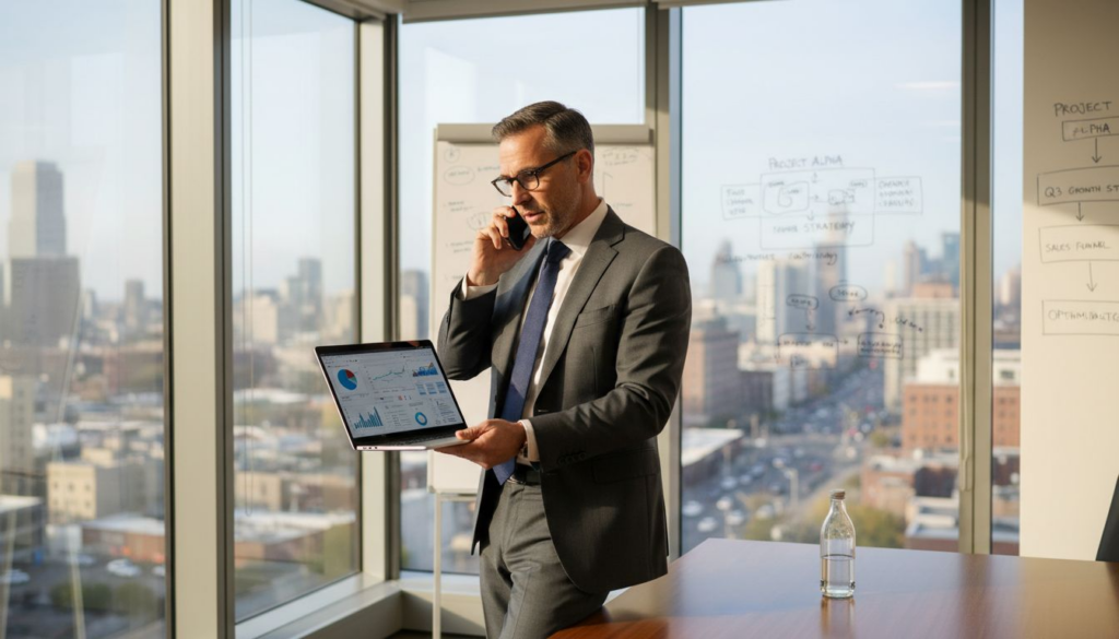 Business leader reviewing smart workflow dashboard