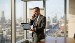 Business leader reviewing smart workflow dashboard