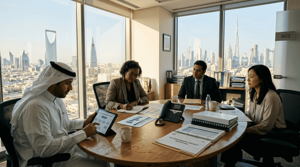 Team meeting in Saudi-UAE government office