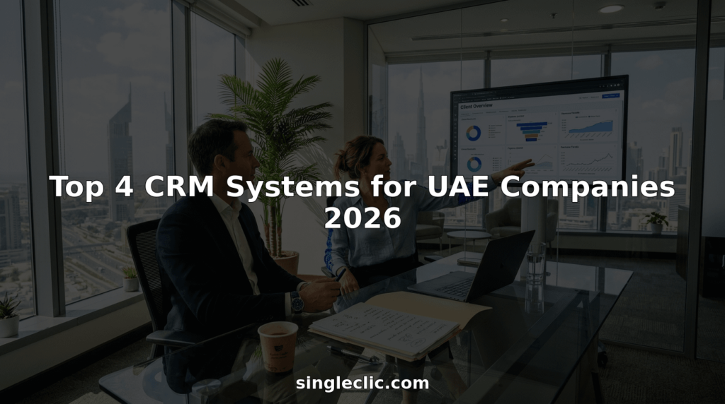Executives in Dubai office reviewing CRM dashboard together