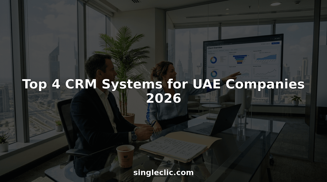 Executives in Dubai office reviewing CRM dashboard together