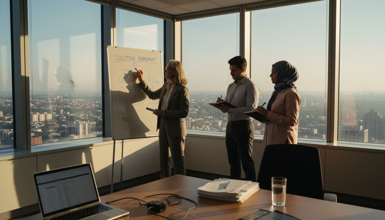 Executive team drawing solution roadmap on whiteboard