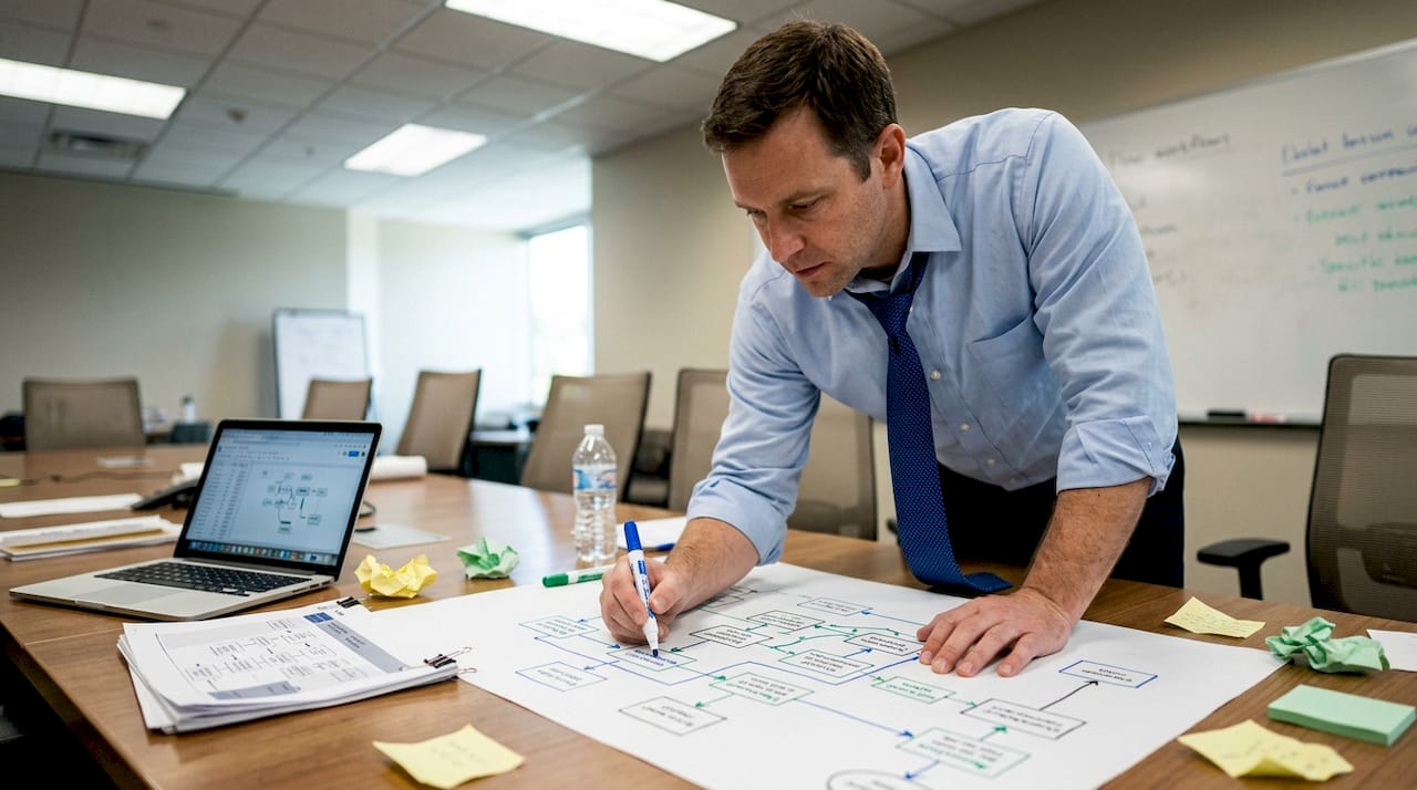 Business professional mapping workflow on paper