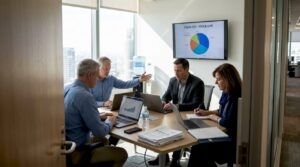 Executives discussing digital ROI in corner office