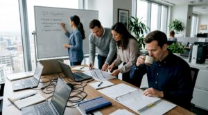Team preparing workflow in office meeting