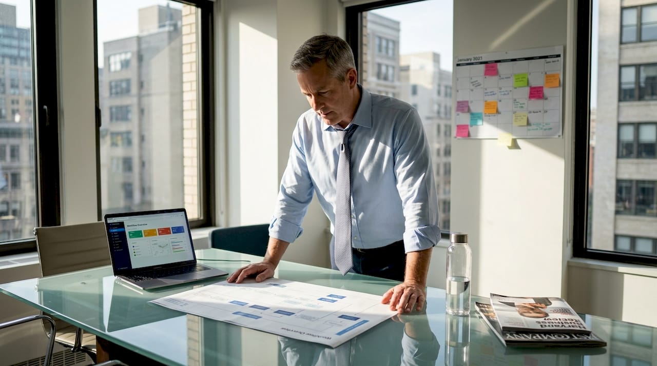 Executive reviews workflow diagram in office