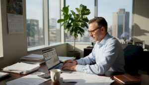 Finance manager using digital tools at desk