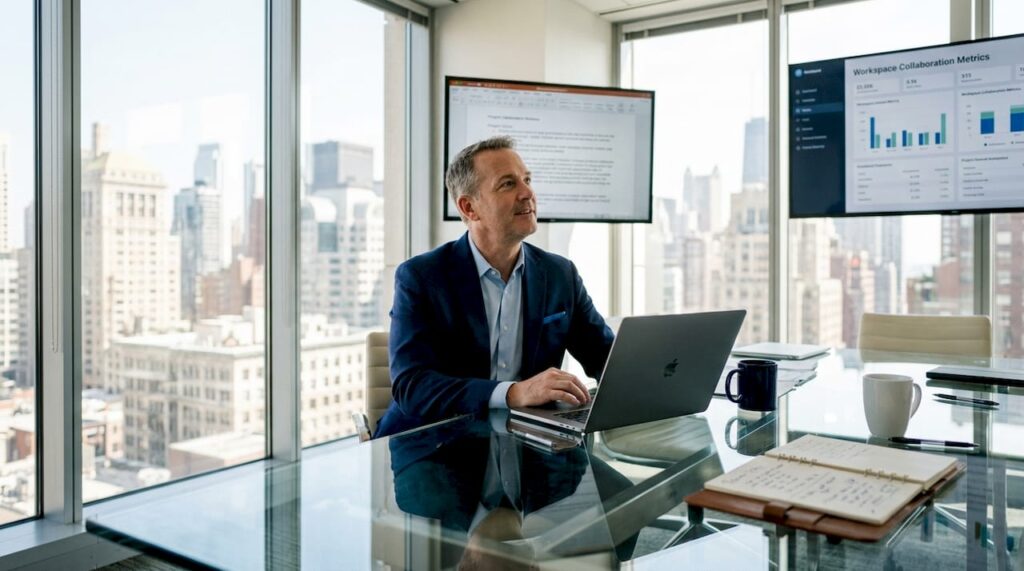 Executive reviewing digital workspace at conference table