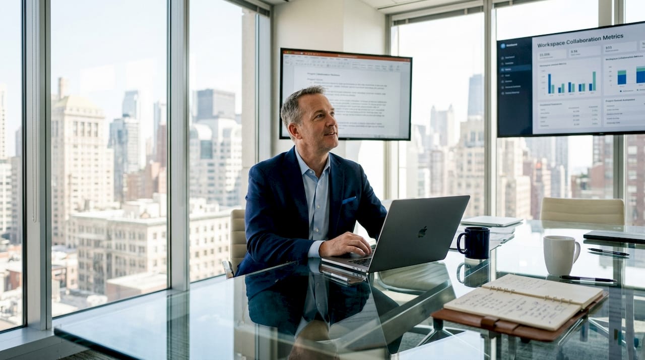Executive reviewing digital workspace at conference table