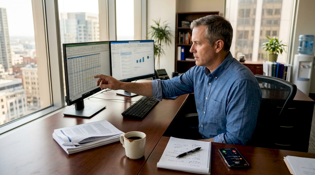 Executive analyzing data at corner office desk