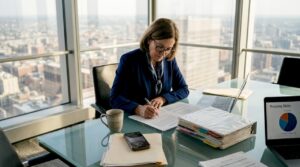 Executive reviewing compliance report in corner office