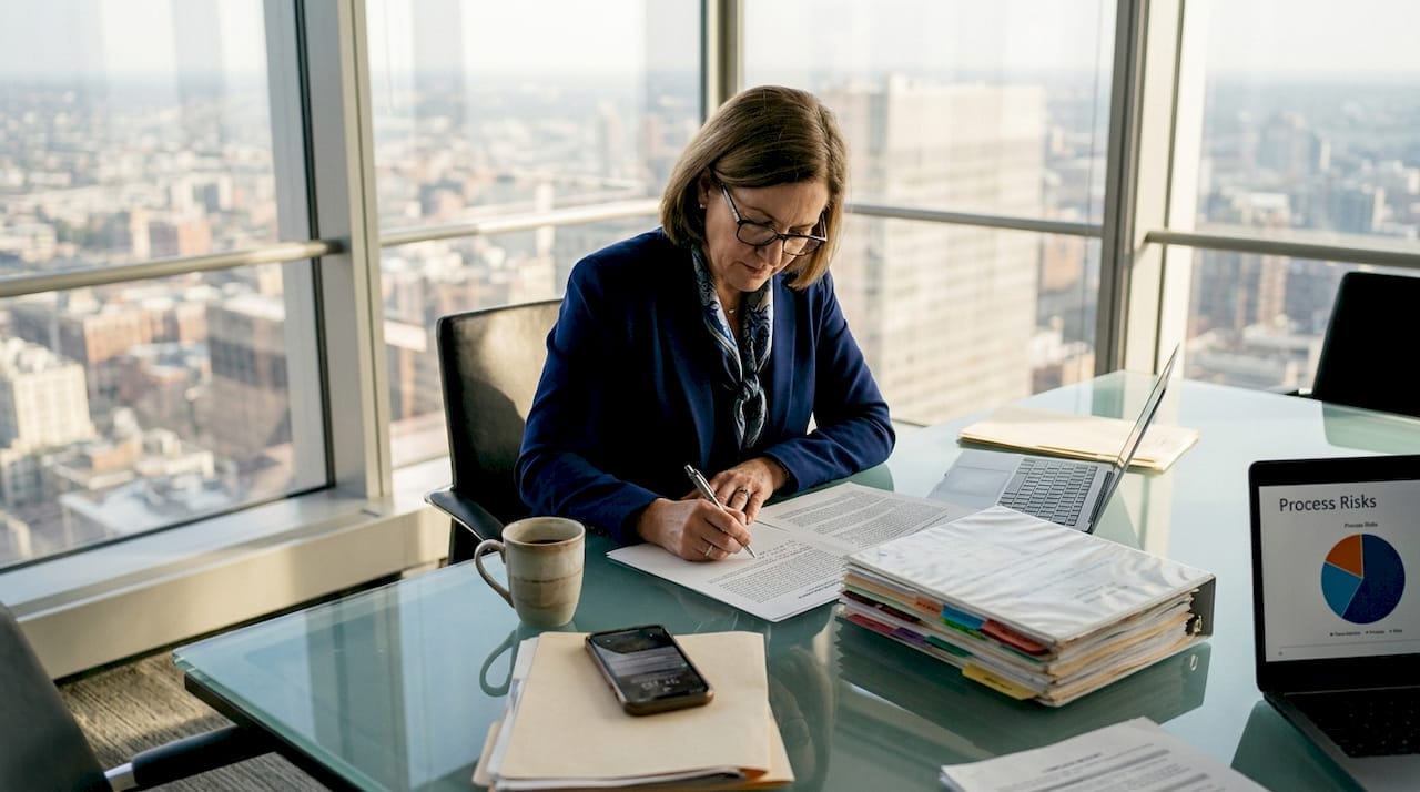 Executive reviewing compliance report in corner office