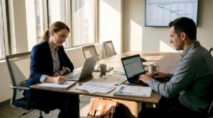 Executives reviewing business requirements in office