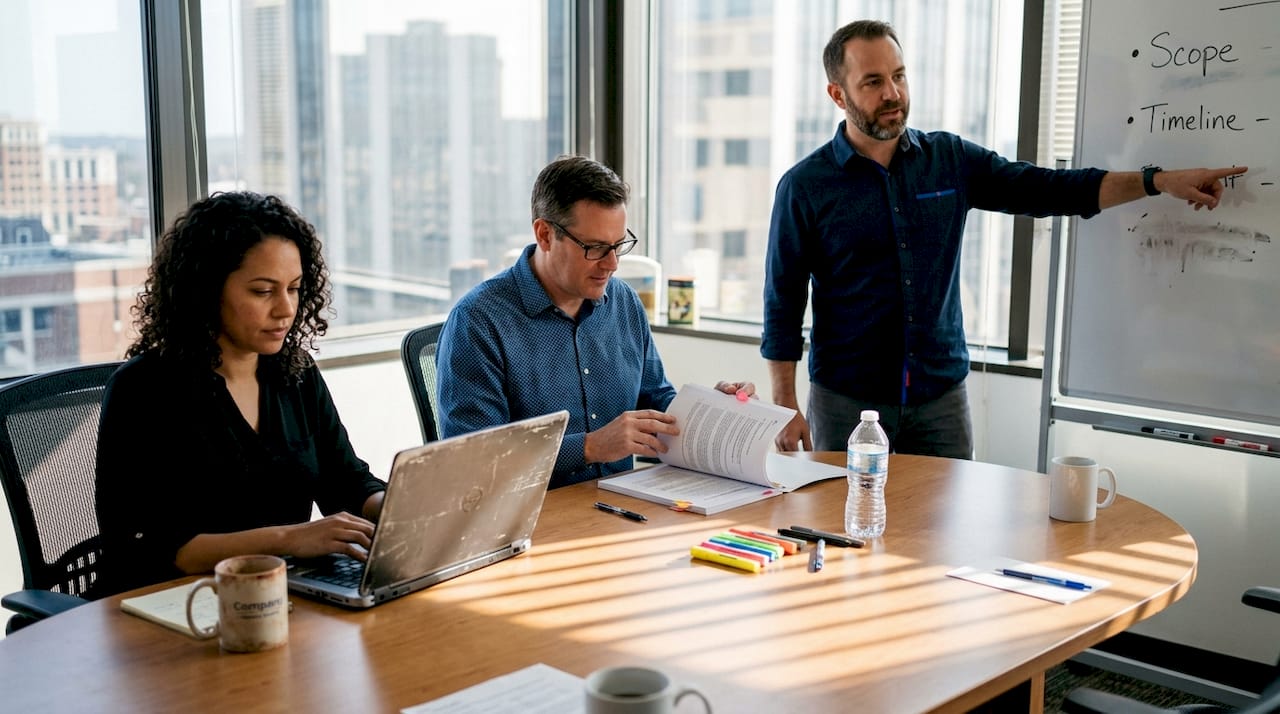Team conducting business requirement meeting in office