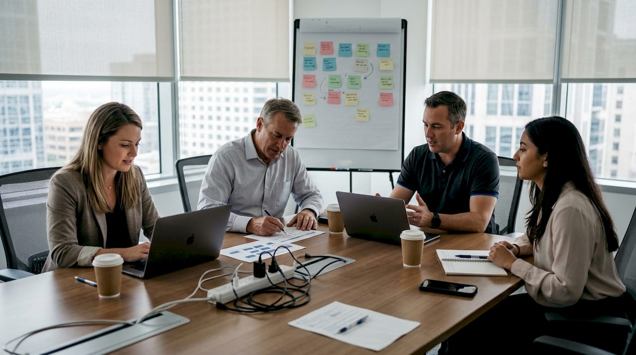 Enterprise team planning cloud migration in boardroom