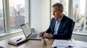 Executive reviewing compliance checklist at desk