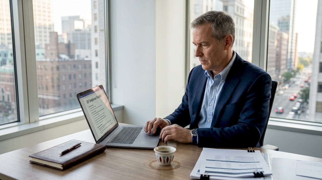 Executive reviewing compliance checklist at desk