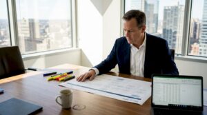 CEO examining detailed process map in office