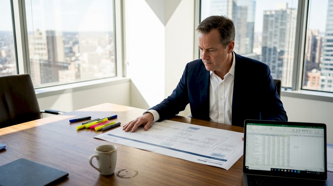 CEO examining detailed process map in office