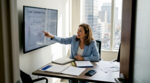 Business analyst reviewing process diagram in office