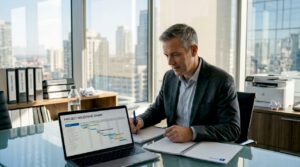 Executive reviewing project status at sunny conference table