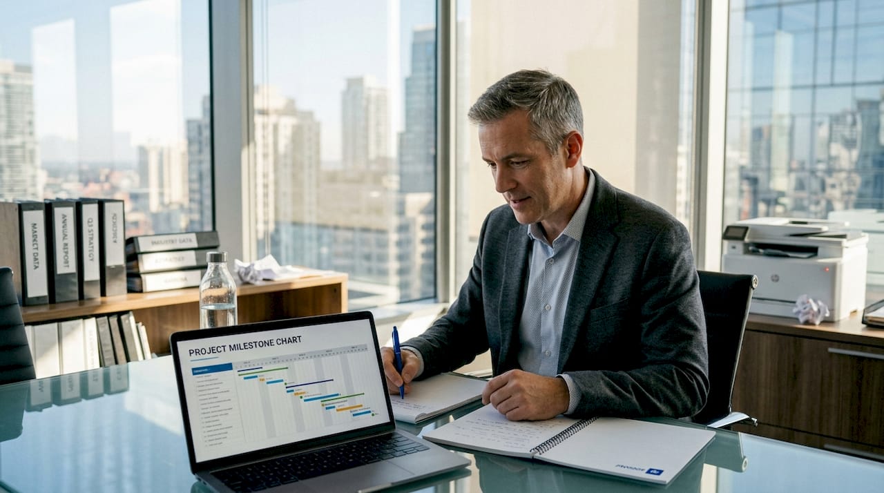 Executive reviewing project status at sunny conference table