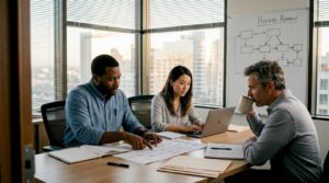 Team reviewing business process map documents