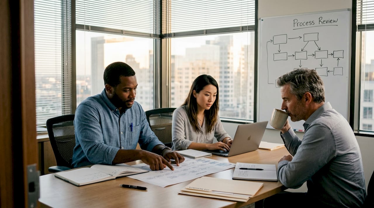 Team reviewing business process map documents