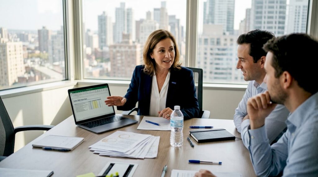 Manager discussing digital strategy in office