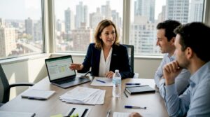 Manager discussing digital strategy in office