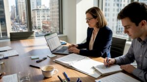 Team reviewing data policies in sunlit office